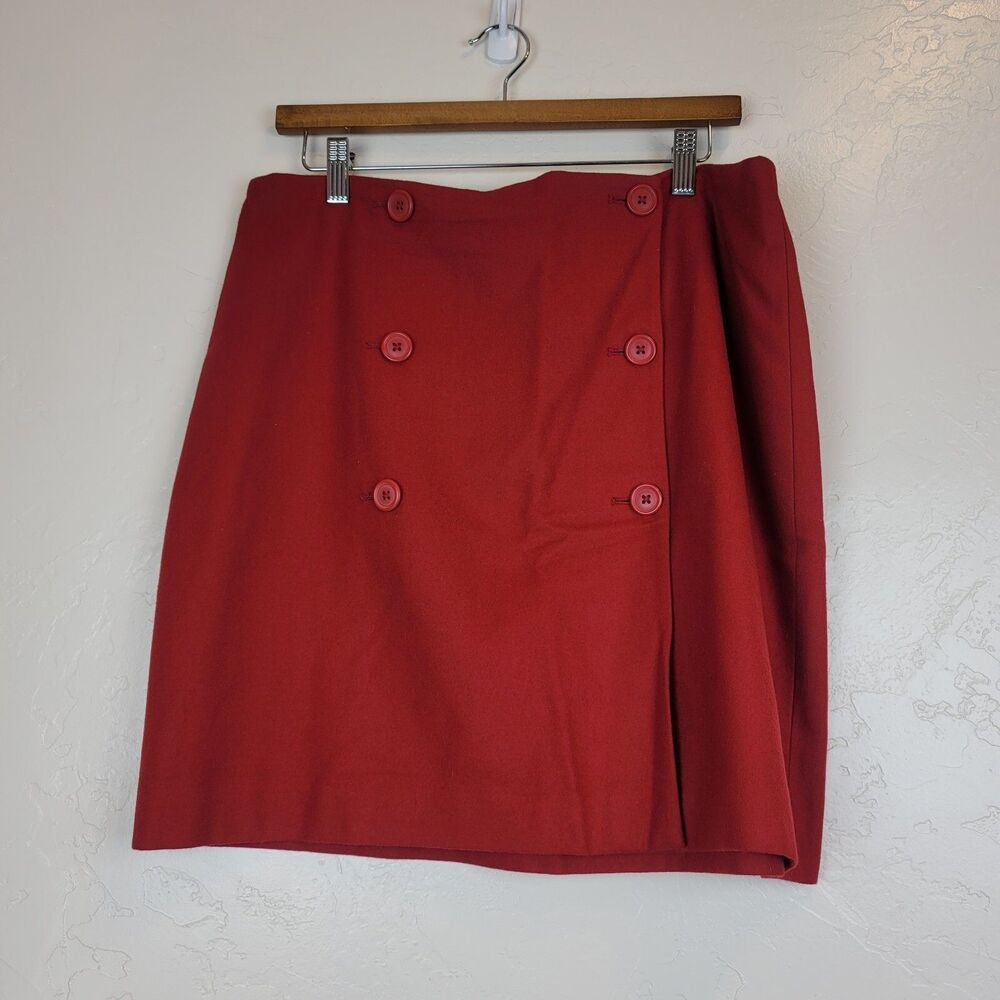 Ann Taylor Red Wool Blend Double Button Wrap Skirt Size 14 Workwear Fall Style - Picture 2 of 6